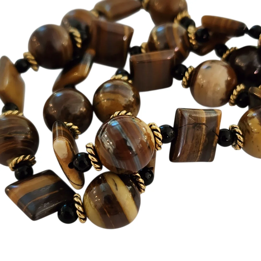 Cat's eye gemstones necklace 14k GP CZ flower clasp gold tigers eye L509 -Q5